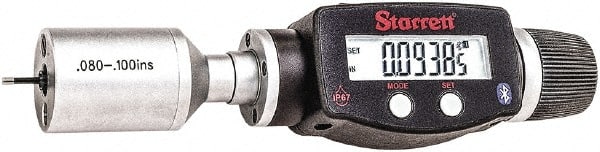 Starrett - 0.08" to 0.1", IP67, Carbide Face Electronic Inside Micrometer - 0.00005" Resolution, 0.00015" Accuracy, 3/8" Gage Depth - Exact Tooling
