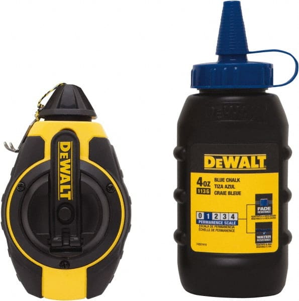 DeWALT - 100' Long Reel & Chalk Set - Yellow & Black, Includes 4 oz Blue Chalk - Exact Tooling