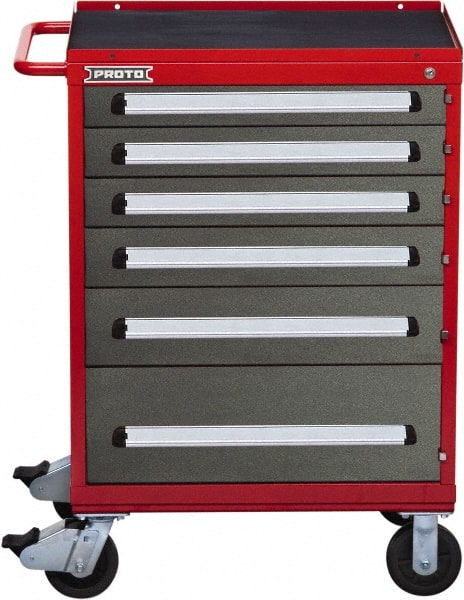 Proto - 6 Drawer Steel Tool Roller Cabinet - 30" Wide x 42-1/2" High x 21-3/8" Deep, Ball Bearing Drawer Slides, Safety Red/Gray - Exact Tooling