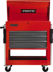 Proto - 3 Drawer Steel Tool Roller Cabinet - 37" Wide x 43" High x 20" Deep, Ball Bearing Drawer Slides, Safety Red/Gray - Exact Tooling