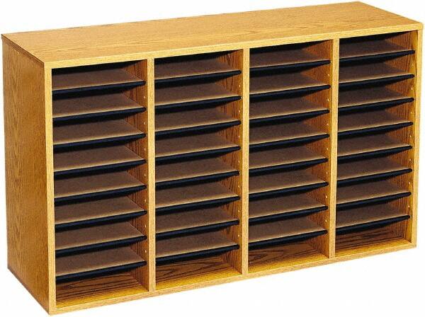 Safco - 39-1/4" Wide x 24" High x 11-3/4" Deep Laminated Compressed Wood Document Organizer - 36 Compartments, Medium Oak, 9" Wide x 2-1/4" High x 11-1/2" Deep Compartment - Exact Tooling
