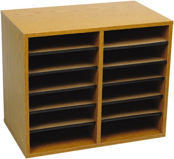 Safco - 19-1/2" Wide x 16" High x 12" Deep Fiberboard, Hardboard & Laminated Compressed Wood Document Organizer - 12 Compartments, Medium Oak, 9" Wide x 2-3/8" High x 11-1/2" Deep Compartment - Exact Tooling