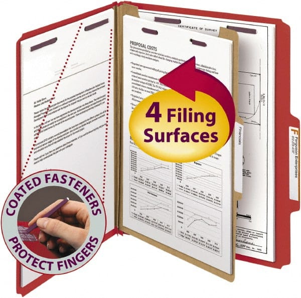 SMEAD - 8-1/2 x 11", Letter Size, Bright Red, Classification Folders with Top Tab Fastener - 23 Point Stock, Right of Center Tab Cut Location - Exact Tooling