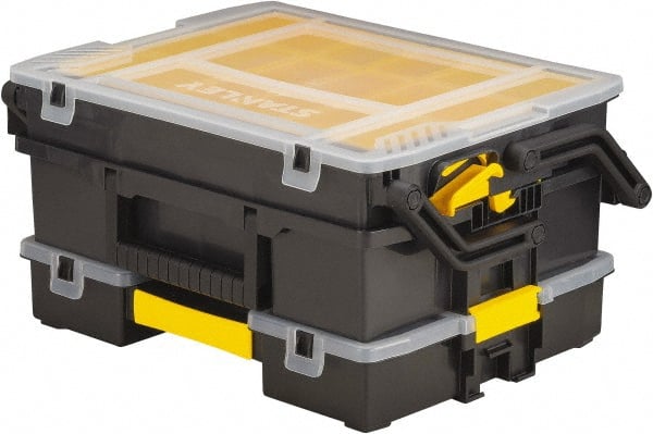 Stanley - 11-3/4" Wide x 5-3/8" High x 15-9/16" Deep, Small Parts Compartment Box - Plastic Frame, 12 Compartments, 5" High x 5" Deep Bin - Exact Tooling