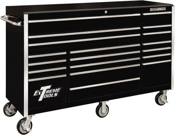 EXTREME TOOLS - 19 Drawer Steel/Aluminum Tool Roller Cabinet - 72" Wide x 47" High x 25" Deep, Ball Bearing Drawer Slides, Black - Exact Tooling