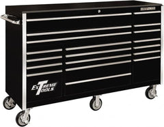 EXTREME TOOLS - 19 Drawer Steel/Aluminum Tool Roller Cabinet - 72" Wide x 47" High x 25" Deep, Ball Bearing Drawer Slides, Black - Exact Tooling