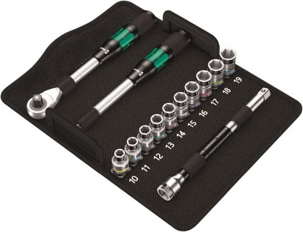 Wera - 13 Piece 1/2" Drive Thin Wall Standard Socket Set - 6 Points, 10 to 19mm, Metric Measurement Standard - Exact Tooling