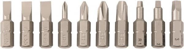 Wiha - 10 Piece, 1/4" Drive Screwdriver Insert Bit Set - #0 to #3 Phillips, #1 to #3 Square Recess, 4.5, 5.5 & 6mm Slotted - Exact Tooling