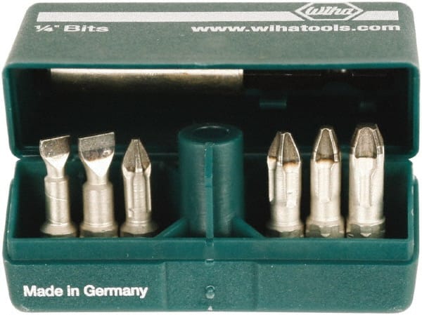Wiha - 7 Piece, 1/4" Drive Screwdriver Insert Bit Set - #1 to #3 Phillips, 5.5 & 6.5mm Slotted - Exact Tooling
