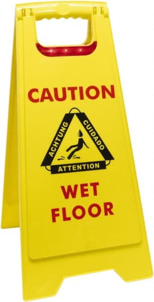 O-Cedar - Caution - Cuidado - Wet Floor - Piso Mojado, 12" Wide x 25" High, Plastic Floor Sign - English/Spanish, A-Frame, Red & Black on Yellow, For Accident Prevention - Exact Tooling