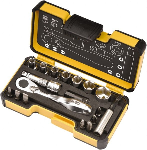 Felo - 18 Piece, 1/4" Drive Screwdriver Mini-Ratchet Bit Kit - #1 to #3 Phillips, 3/16, 1/4 & 9/32" Slotted - Exact Tooling