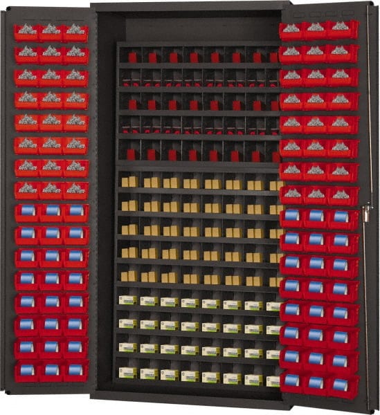 Durham - 208 Bin Storage Cabinet - Steel, 38" Wide x 26" Deep x 72" High, Gray - Exact Tooling