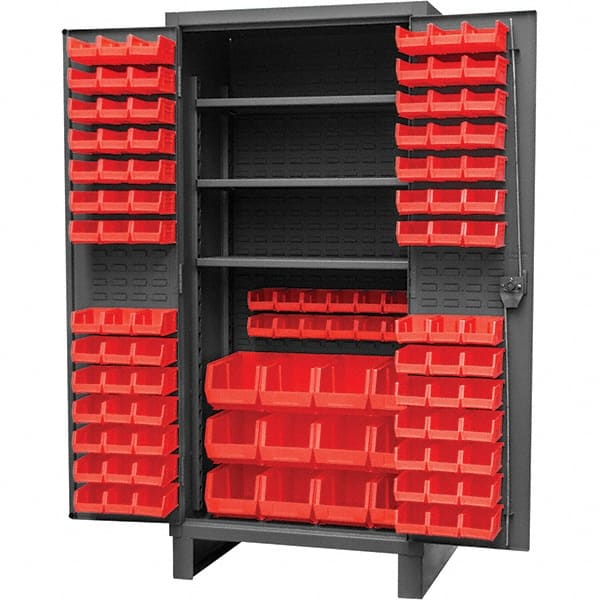 Durham - 3 Shelf 108 Bin Storage Cabinet - Steel, 36" Wide x 24" Deep x 78" High, Gray - Exact Tooling