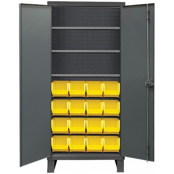 Durham - 3 Shelf 16 Bin Storage Cabinet - Steel, 36" Wide x 24" Deep x 78" High, Gray - Exact Tooling