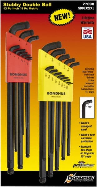 Bondhus - 22 Piece, L-Wrench Ball End Hex Key Set - 0.05 to 3/8" Range, 3.16" OAL, - Exact Tooling