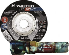 WALTER Surface Technologies - 60 Grit, 4-1/2" Wheel Diam, 3/64" Wheel Thickness, 7/8" Arbor Hole, Type 27 Depressed Center Wheel - Coarse Grade, Aluminum Oxide, Resinoid Bond, 13,300 Max RPM, Compatible with Angle Grinder - Exact Tooling