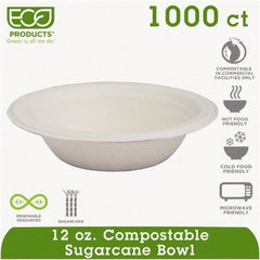 ECO PRODUCTS - Renewable & Compostable Sugarcane Bowls - 12 oz, 50/PK, 20 PK/CT - White - Exact Tooling