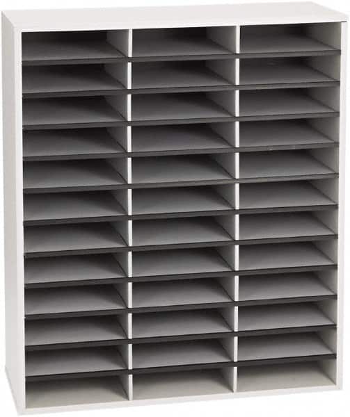FELLOWES - 29" Wide x 11-7/8" Deep x 34-11/16" High, 36 Compartments, Corrugated Fiberboard & Laminated Literature Organizer - Dove Gray, 9" Compartment Width x 2-1/2" Compartment Depth x 11" Compartment Height - Exact Tooling