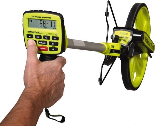 Calculated Industries - 9,999,999' Counter Limit, 45" OAL, Fluorescent Green Measuring Wheel - 99.5" Accuracy per 100", Measures in Feet, Meters, Yards & Inches - Exact Tooling