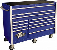 EXTREME TOOLS - 12 Drawer Steel/Aluminum Tool Roller Cabinet - 55" Wide x 46" High x 25" Deep, Ball Bearing Drawer Slides, Blue - Exact Tooling
