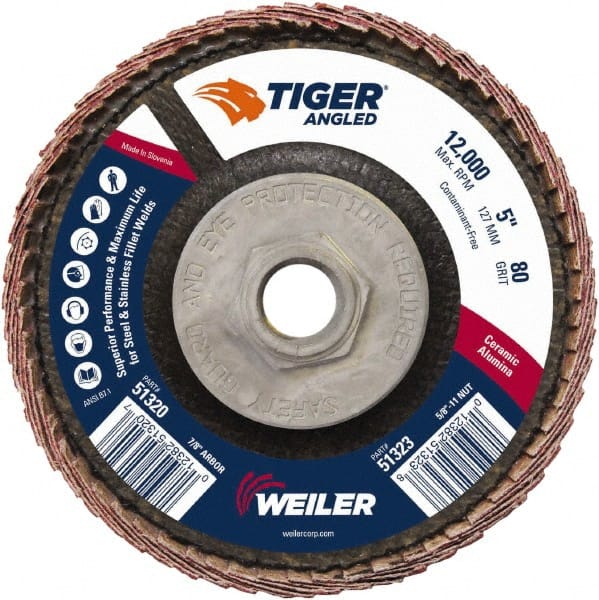 Weiler - 80 Grit, 5" Disc Diam, 5/8-11 Center Hole, Type 27 Ceramic Alumina Flap Disc - 12,000 Max RPM, Phenolic Backing, Arbor Attaching System, Coated - Exact Tooling