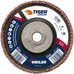 Weiler - 80 Grit, 5" Disc Diam, 5/8-11 Center Hole, Type 27 Ceramic Alumina Flap Disc - 12,000 Max RPM, Phenolic Backing, Arbor Attaching System, Coated - Exact Tooling