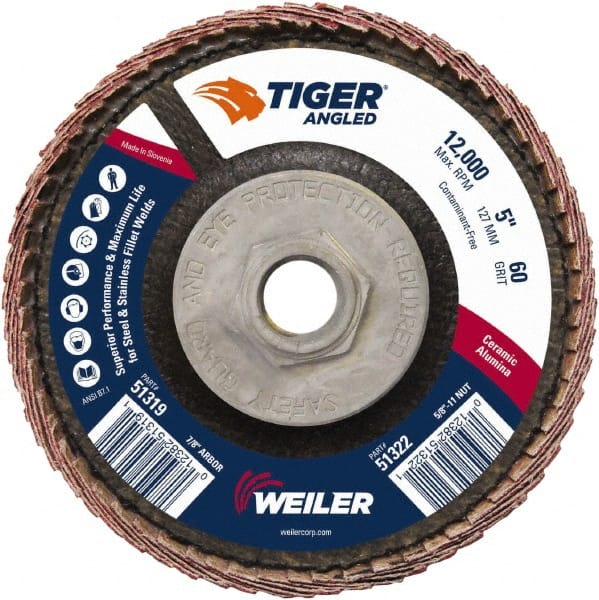 Weiler - 60 Grit, 5" Disc Diam, 5/8-11 Center Hole, Type 27 Ceramic Alumina Flap Disc - 12,000 Max RPM, Phenolic Backing, Arbor Attaching System, Coated - Exact Tooling
