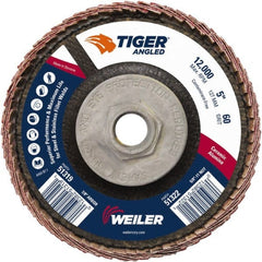 Weiler - 60 Grit, 5" Disc Diam, 5/8-11 Center Hole, Type 27 Ceramic Alumina Flap Disc - 12,000 Max RPM, Phenolic Backing, Arbor Attaching System, Coated - Exact Tooling