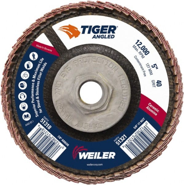 Weiler - 40 Grit, 5" Disc Diam, 5/8-11 Center Hole, Type 27 Ceramic Alumina Flap Disc - 12,000 Max RPM, Phenolic Backing, Arbor Attaching System, Coated - Exact Tooling