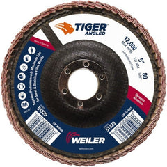 Weiler - 80 Grit, 5" Disc Diam, 7/8" Center Hole, Type 27 Ceramic Alumina Flap Disc - 12,000 Max RPM, Phenolic Backing, Arbor Attaching System, Coated - Exact Tooling
