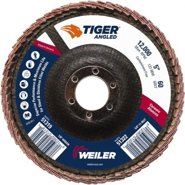 Weiler - 60 Grit, 5" Disc Diam, 7/8" Center Hole, Type 27 Ceramic Alumina Flap Disc - 12,000 Max RPM, Phenolic Backing, Quick Change Type S Attaching System, Coated - Exact Tooling