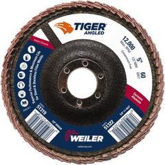 Weiler - 60 Grit, 5" Disc Diam, 7/8" Center Hole, Type 27 Ceramic Alumina Flap Disc - 12,000 Max RPM, Phenolic Backing, Quick Change Type S Attaching System, Coated - Exact Tooling