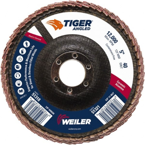 Weiler - 40 Grit, 5" Disc Diam, 7/8" Center Hole, Type 27 Ceramic Alumina Flap Disc - 12,000 Max RPM, Phenolic Backing, Arbor Attaching System, Coated - Exact Tooling