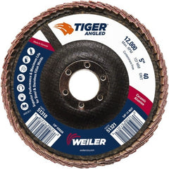 Weiler - 40 Grit, 5" Disc Diam, 7/8" Center Hole, Type 27 Ceramic Alumina Flap Disc - 12,000 Max RPM, Phenolic Backing, Arbor Attaching System, Coated - Exact Tooling