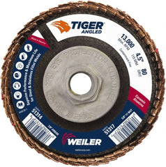 Weiler - 80 Grit, 4-1/2" Disc Diam, 5/8-11 Center Hole, Type 27 Ceramic Alumina Flap Disc - 13,000 Max RPM, Phenolic Backing, Arbor Attaching System, Coated - Exact Tooling