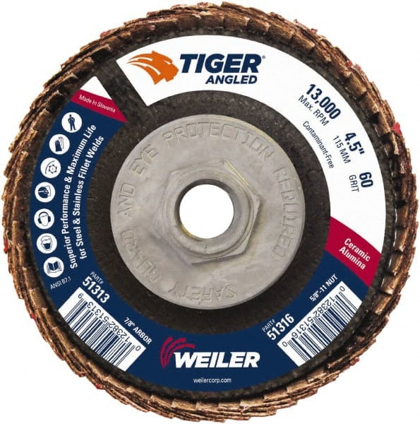 Weiler - 40 Grit, 4-1/2" Disc Diam, 5/8-11 Center Hole, Type 27 Ceramic Alumina Flap Disc - 13,000 Max RPM, Phenolic Backing, Arbor Attaching System, Coated - Exact Tooling