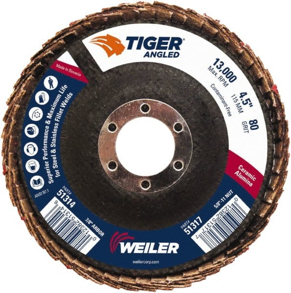 Weiler - 80 Grit, 4-1/2" Disc Diam, 7/8" Center Hole, Type 27 Ceramic Alumina Flap Disc - 13,000 Max RPM, Phenolic Backing, Arbor Attaching System, Coated - Exact Tooling