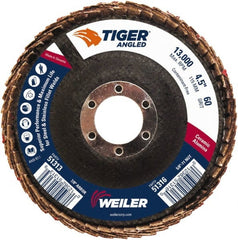 Weiler - 60 Grit, 4-1/2" Disc Diam, 7/8" Center Hole, Type 27 Ceramic Alumina Flap Disc - 13,000 Max RPM, Phenolic Backing, Quick Change Type S Attaching System, Coated - Exact Tooling