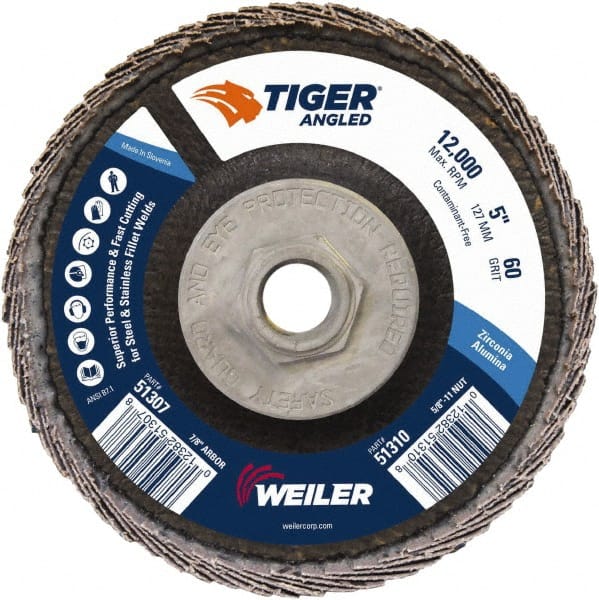 Weiler - 60 Grit, 5" Disc Diam, 5/8-11 Center Hole, Type 27 Zirconia Alumina Flap Disc - 12,000 Max RPM, Phenolic Backing, Arbor Attaching System, Coated - Exact Tooling