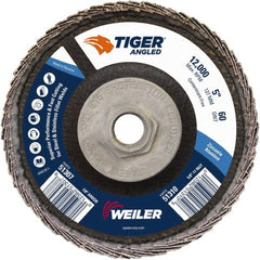 Weiler - 60 Grit, 5" Disc Diam, 5/8-11 Center Hole, Type 27 Zirconia Alumina Flap Disc - 12,000 Max RPM, Phenolic Backing, Arbor Attaching System, Coated - Exact Tooling