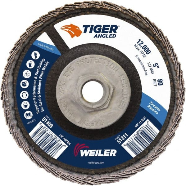 Weiler - 80 Grit, 5" Disc Diam, 5/8-11 Center Hole, Type 27 Zirconia Alumina Flap Disc - 12,000 Max RPM, Phenolic Backing, Arbor Attaching System, Coated - Exact Tooling