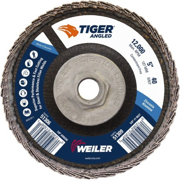 Weiler - 40 Grit, 5" Disc Diam, 5/8-11 Center Hole, Type 27 Zirconia Alumina Flap Disc - 12,000 Max RPM, Phenolic Backing, Arbor Attaching System, Coated - Exact Tooling