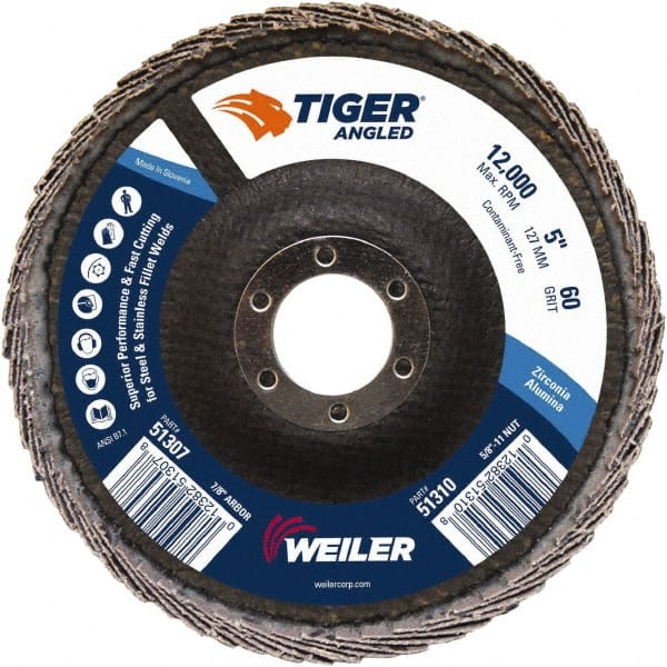 Weiler - 60 Grit, 5" Disc Diam, 7/8" Center Hole, Type 27 Zirconia Alumina Flap Disc - 12,000 Max RPM, Phenolic Backing, Quick Change Type S Attaching System, Coated - Exact Tooling