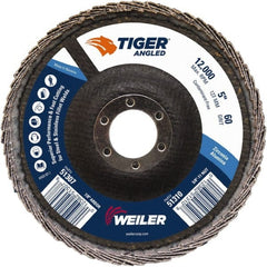 Weiler - 60 Grit, 5" Disc Diam, 7/8" Center Hole, Type 27 Zirconia Alumina Flap Disc - 12,000 Max RPM, Phenolic Backing, Quick Change Type S Attaching System, Coated - Exact Tooling