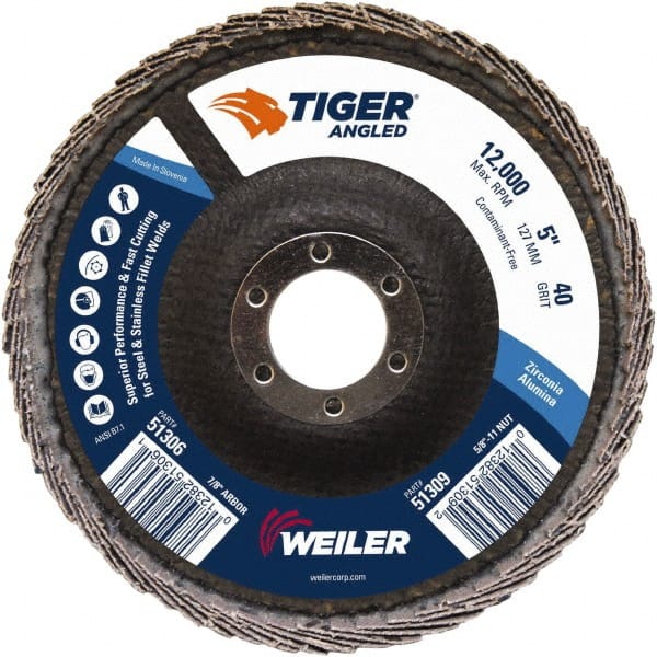 Weiler - 40 Grit, 5" Disc Diam, 7/8" Center Hole, Type 27 Zirconia Alumina Flap Disc - 12,000 Max RPM, Phenolic Backing, Arbor Attaching System, Coated - Exact Tooling