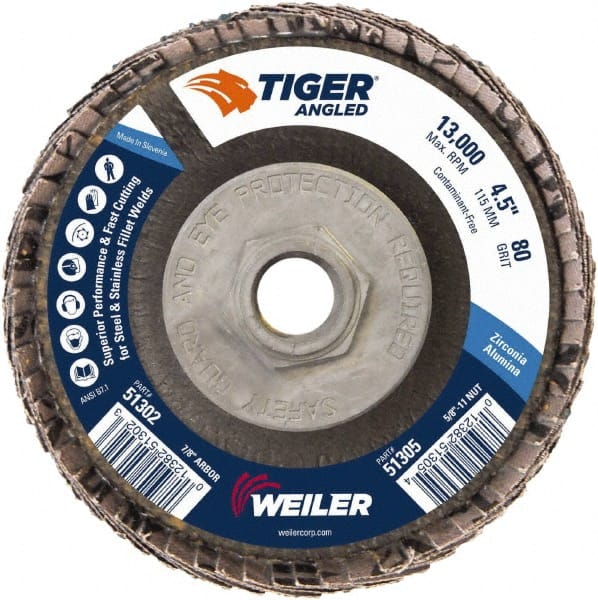 Weiler - 80 Grit, 4-1/2" Disc Diam, 5/8-11 Center Hole, Type 27 Zirconia Alumina Flap Disc - 13,000 Max RPM, Phenolic Backing, Arbor Attaching System, Coated - Exact Tooling