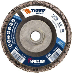 Weiler - 80 Grit, 4-1/2" Disc Diam, 5/8-11 Center Hole, Type 27 Zirconia Alumina Flap Disc - 13,000 Max RPM, Phenolic Backing, Arbor Attaching System, Coated - Exact Tooling