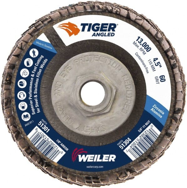 Weiler - 60 Grit, 4-1/2" Disc Diam, 5/8-11 Center Hole, Type 27 Zirconia Alumina Flap Disc - 13,000 Max RPM, Phenolic Backing, Arbor Attaching System, Coated - Exact Tooling