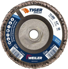 Weiler - 60 Grit, 4-1/2" Disc Diam, 5/8-11 Center Hole, Type 27 Zirconia Alumina Flap Disc - 13,000 Max RPM, Phenolic Backing, Arbor Attaching System, Coated - Exact Tooling