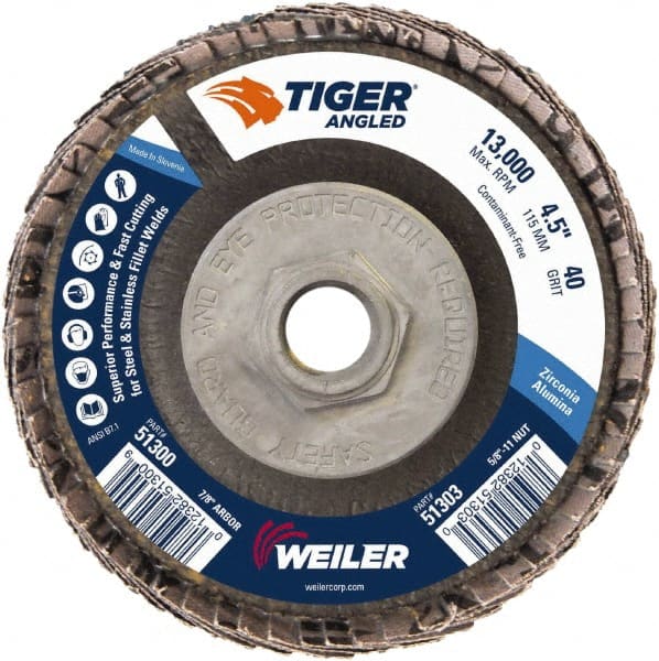 Weiler - 40 Grit, 4-1/2" Disc Diam, 5/8-11 Center Hole, Type 27 Zirconia Alumina Flap Disc - 13,000 Max RPM, Phenolic Backing, Arbor Attaching System, Coated - Exact Tooling